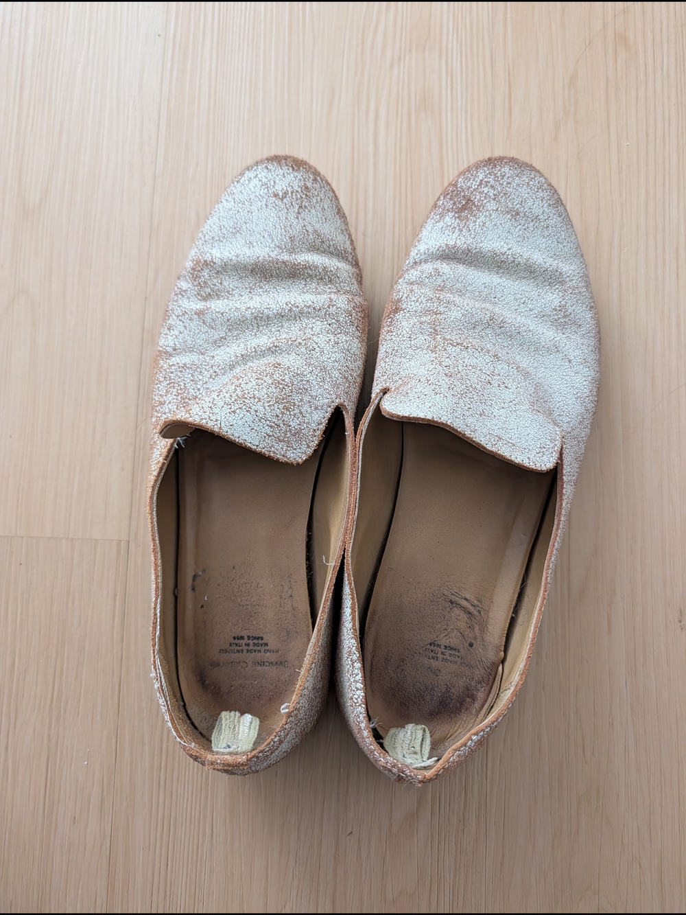 Officine Creative Tan Leather Loafers with White Crackle Finish